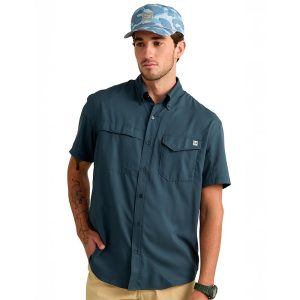 Huk Tide Point Short Sleeve Button Down Shirt Sea Storm M