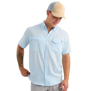 Huk Tide Point Short Sleeve Button Down Shirt Coastal Drift L