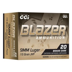 CCI Blazer Brass Handgun Ammunition 9mm Luger 115gr JHP 1145 fps 20/ct