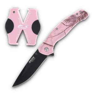Bear & Son Edge Brisk 2.0 Folding Knife & Sharpener Combo Drop Point Blade Pink Camo