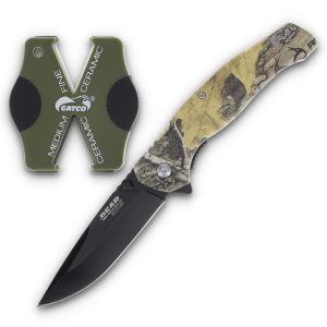 Bear & Son Edge Brisk 2.0 Folding Knife & Sharpener Combo Drop Point Blade Brown Camo
