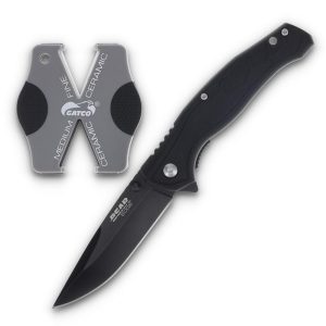 Bear & Son Edge Brisk 2.0 Folding Knife & Sharpener Combo Drop Point Blade Black