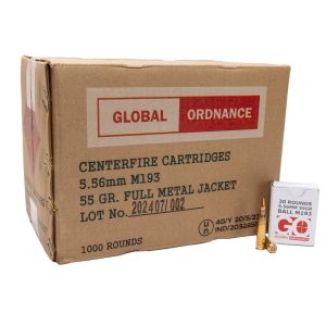Global Ordnance M193 Rifle Ammunition 5.56mm 55gr FMJ 3162 fps 1000/ct Case (50-20/ct Boxes)