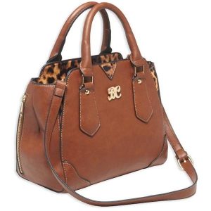 Bulldog Satchel Style Conceal Carry Purse W/ Holster Chestnut W/ Leopard Trim