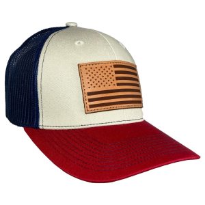 Outdoor Cap Stone/Navy/Cardinal Trucker w/ USA Flag Leather Patch