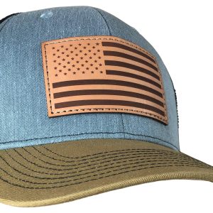 Outdoor Cap Heathered Grey/Blk/ Old Gold Trucker w/USA Flag Leather Patch