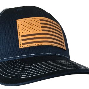 Outdoor Cap Navy/White Trucker w/USA Flag Leather Patch