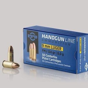 PPU Handgun Ammunition 9mm Luger  124 gr FMJ  1120 fps 50/ct