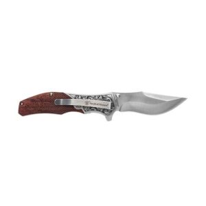 Smith & Wesson Unwavered Folding Knife 3-1/4" Clip Point Blade Engraved Wood Blister