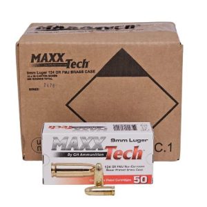 MAXXTech Handgun Ammunition 9mm Luger 124gr FMJ 1126 fps 1000/ct (20-50/ct Boxes)