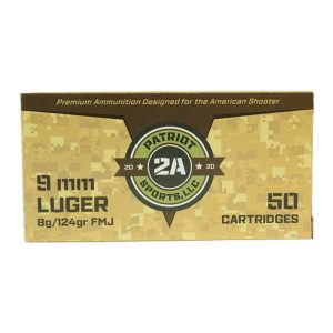 Patriot Sports Brass Case Handgun Ammunition 9mm Luger 124gr FMJ 1148 fps 1000/ct (Case of 20-50/ct Boxes)